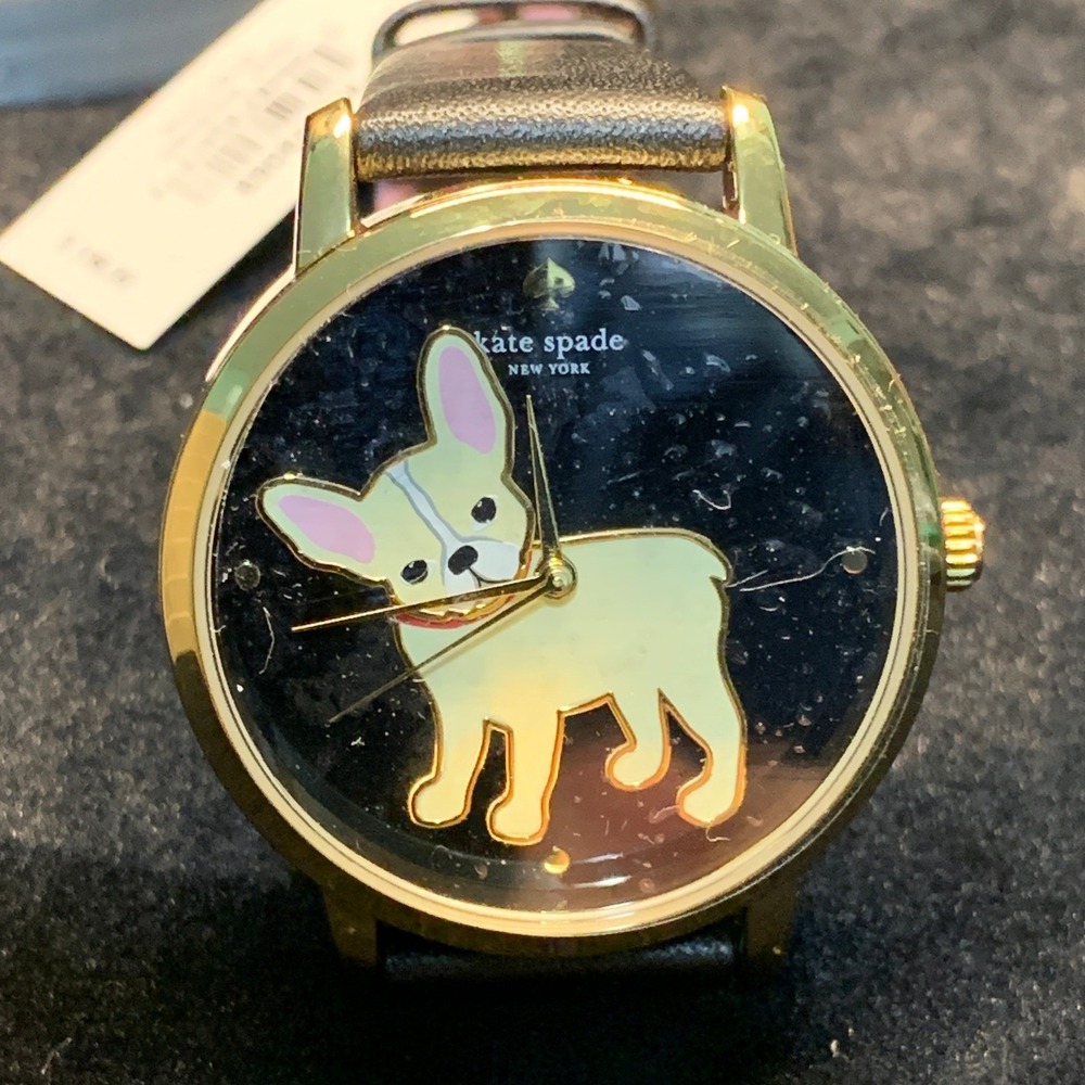 Kate Spade New York Metro French Bulldog Black Leather Watch KSW9069 Gold Tone